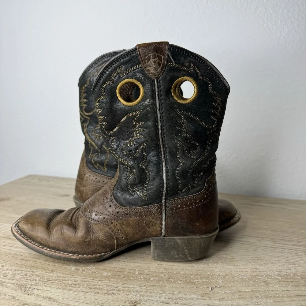 Ariat Heritage Roughstock Brown & Black Leather Western Cowboy Boots Kids Size 1